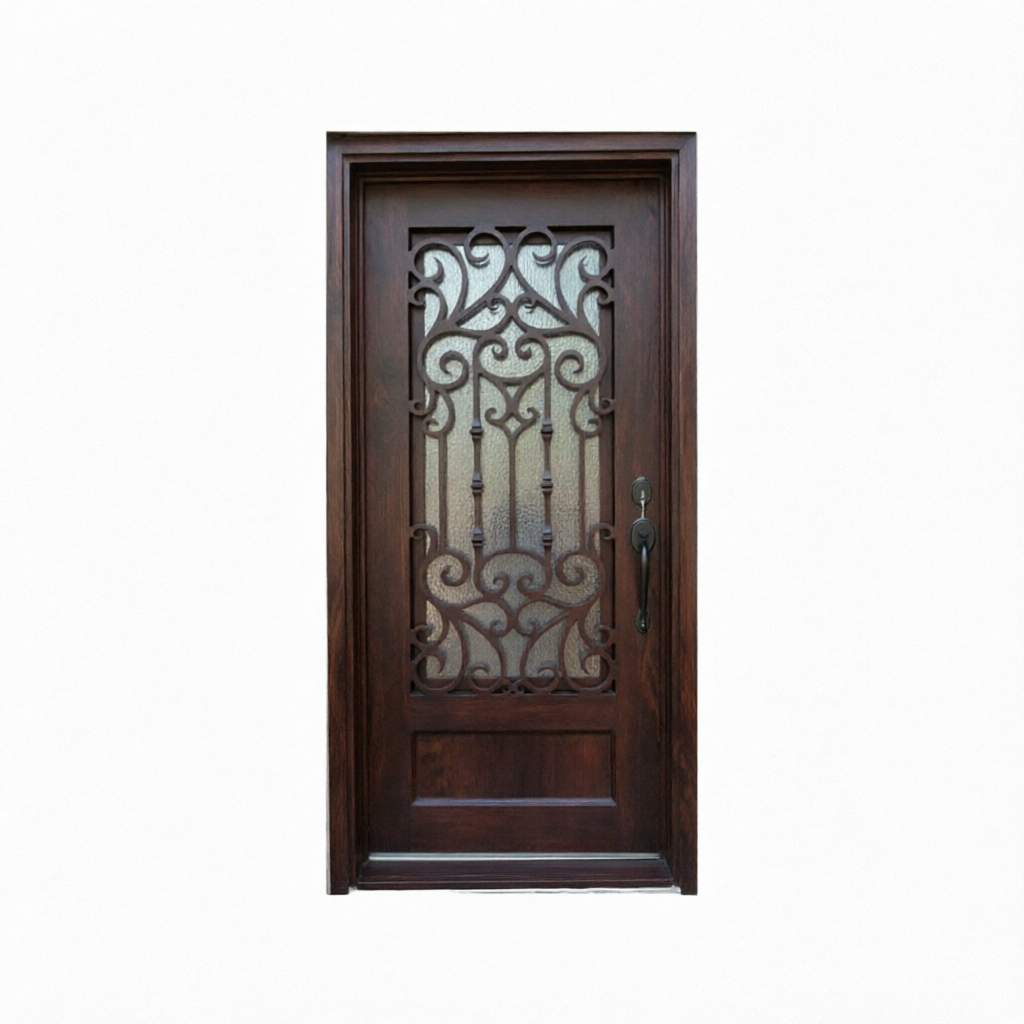 Deur met houten en smeedijzeren grillontwerp, glazen voordeur, enkele voordeur voor de buitenkant van een villa.