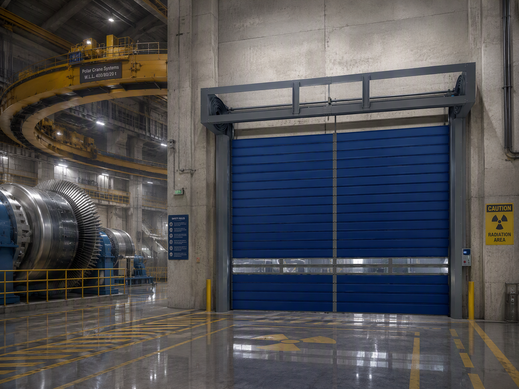 Industriële aluminium spiraaldeur met turbinemechanisme, snel te openen, weerbestendig, automatische fabrieksingang.