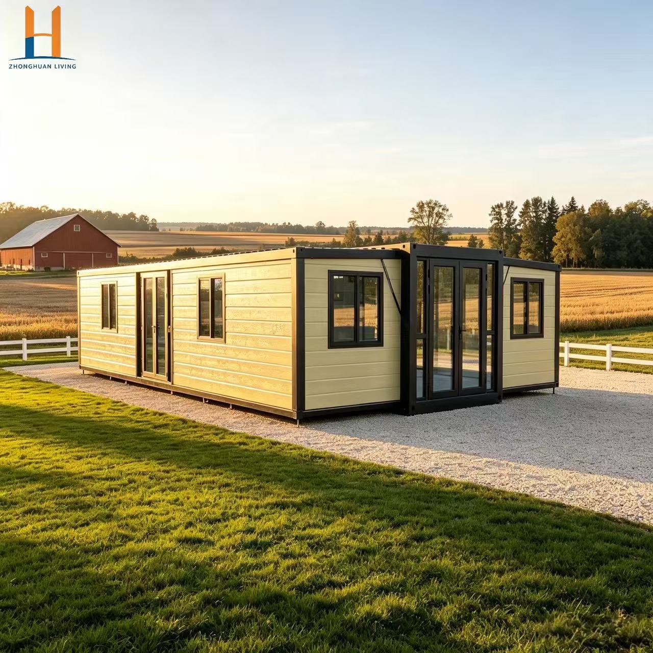 Luxe modulaire woning van 12 meter met 2 slaapkamers en badkamer - Prefab villa - Zhonghuan Living Modern Design, ademend, geschikt voor thuiskantoor.
