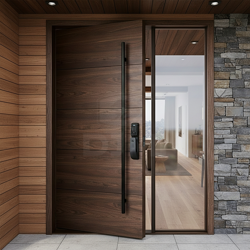 Massieve draaideur van wit eikenhout met massieve kern, moderne voordeur voor villa, met groot zijraam van gelaagd glas.