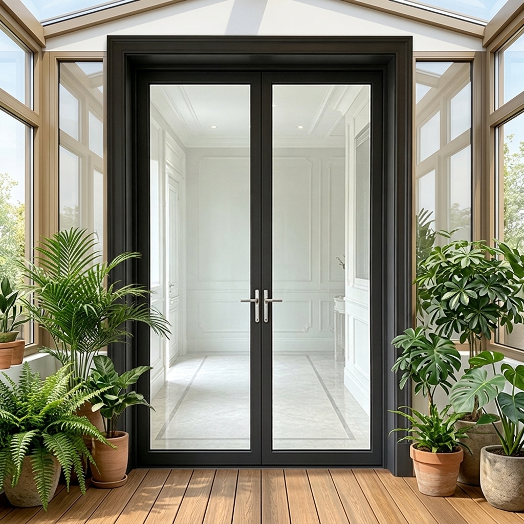 Moderne design dubbele glazen entree, frameloze schuifdeur, draaideur, draaideuren