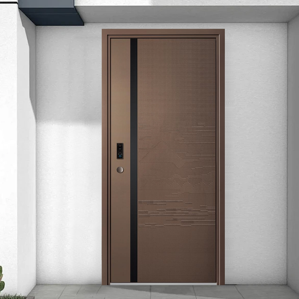 Inbraakwerende veiligheidsdeur van aluminiumlegering met minimalistisch design, geschikt voor buitengebruik en zijopening. 5 jaar garantie.