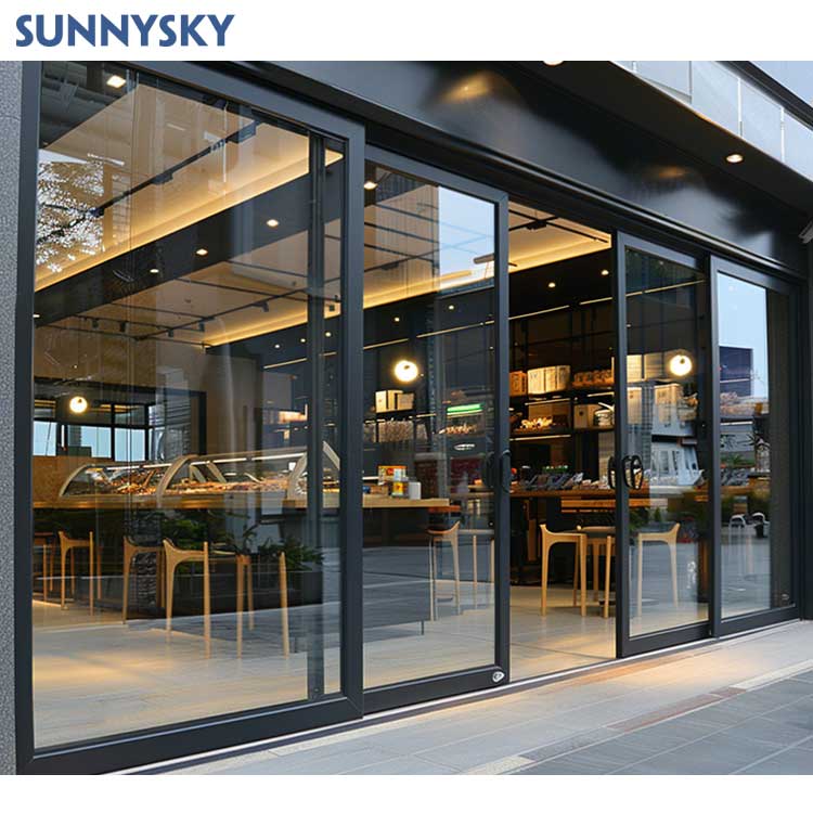 Sunnysky Commerciële Moderne Winkelpui Schuifdeuren van glas Aluminium Voordeur Glasvezel Buitenzijde Grote Glazen Deur