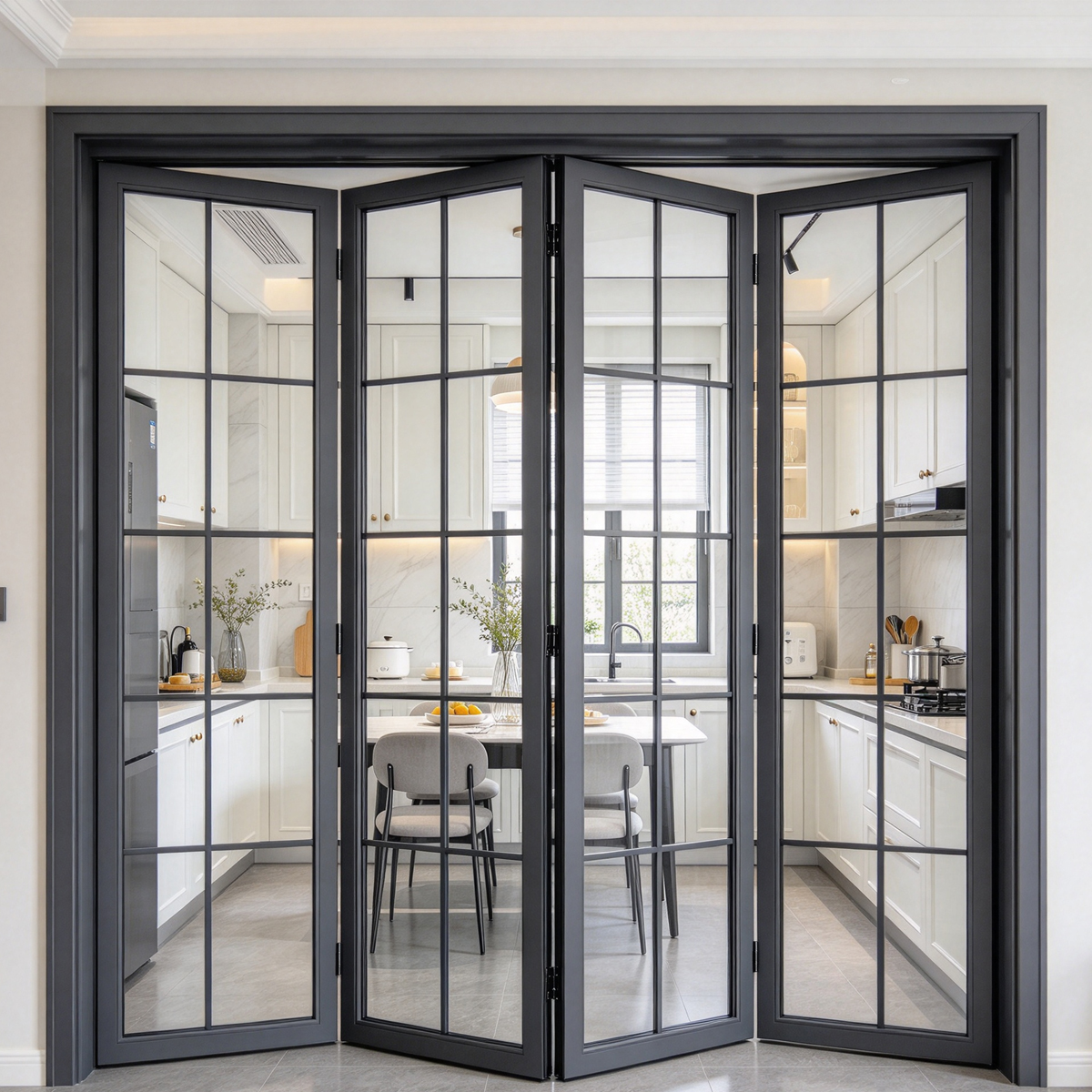 Waterdichte dubbelglas vouwdeur met Frans rooster en aluminium frame voor buitengebruik