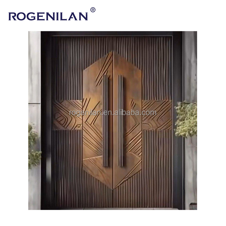 Rogenilan Nieuwe 3D Gesneden Op Maat Gemaakt Houtnerf Design Hoogwaardige Villa Hoofdingang Gepantserde Aluminium Voordeuren met Slim Slot