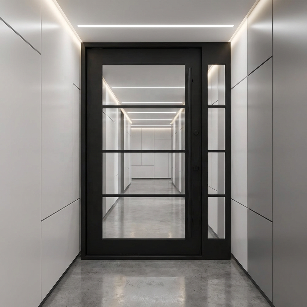 Sen-Yi HBS-224 Op maat gemaakte moderne draaideur van smeedijzer met gehard glas, luxe woonfront van staal