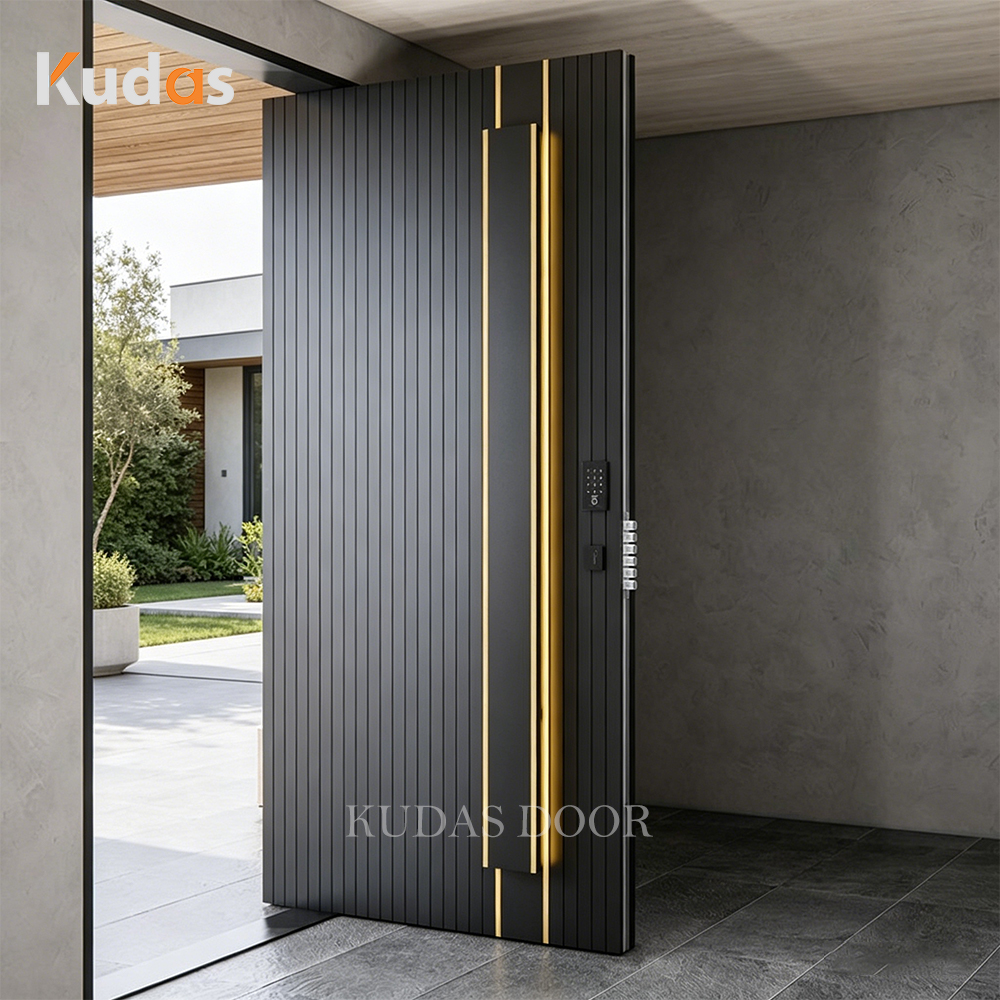 Moderne luxe zwarte glazen, verticaal geribbelde, gegoten aluminium buitendeur met draaifunctie en LED-verlichting.