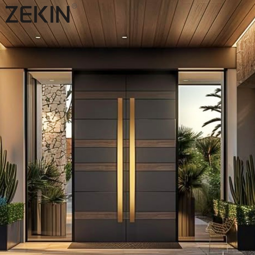 ZEKIN Aluminium Dubbele Huis Voordeur Luxe Glazen Deur Inbraakwerende Voordeur Dubbele Buitendeuren Dubbele Voordeur