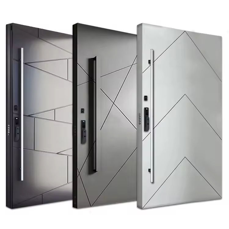 Moderne design voordeur van aluminium, staal en hout met veiligheidsfunctie, ideaal voor luxe appartementen en villa's.