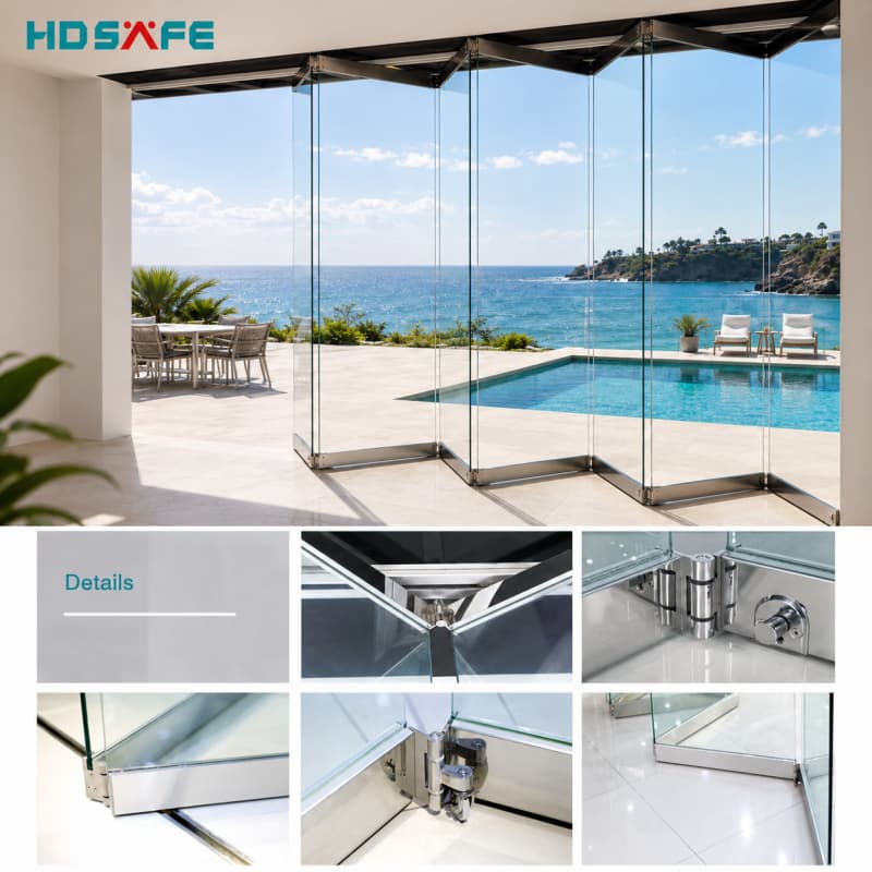 Modern aluminium vouwdeursysteem met glazen deuren, frameloze vouwdeur voor balkon en serre.