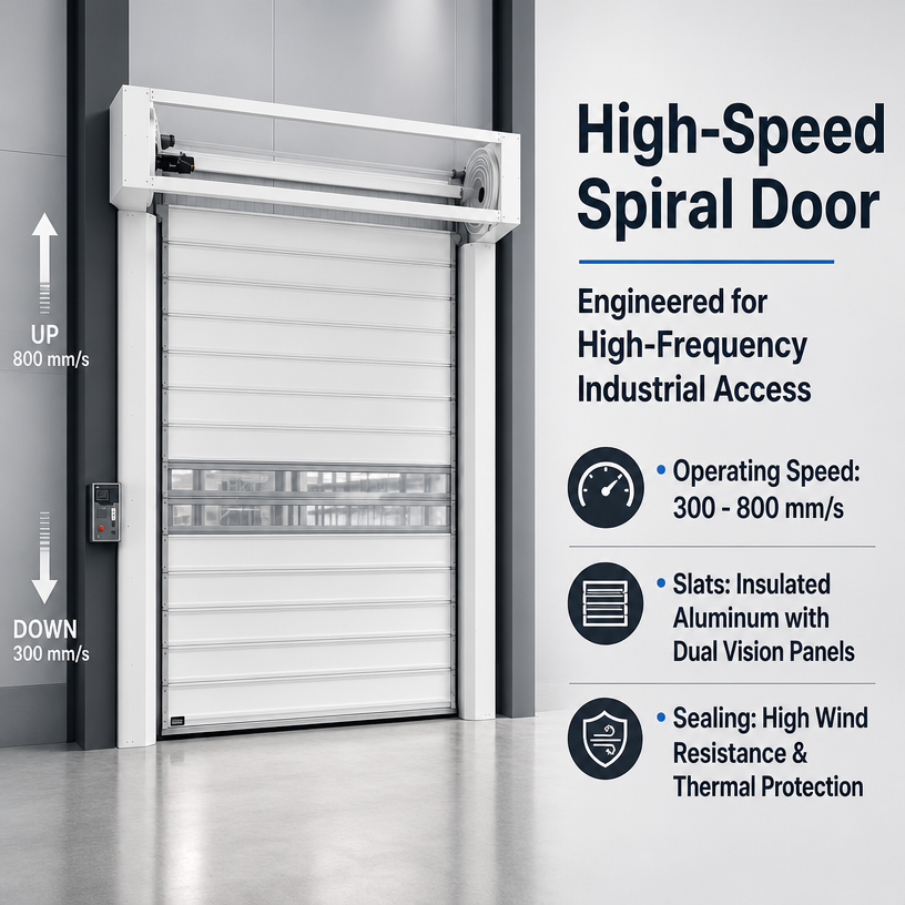 Industriële aluminium spiraaldeur met turbinemechanisme, snel te openen, weerbestendig, automatische fabrieksingang.