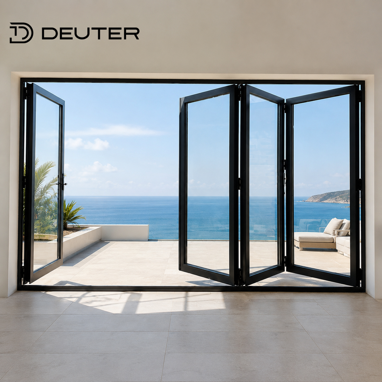 Robuuste aluminium vouwdeuren met glas, thermische onderbreking, waterdicht, veiligheidsscherm, geschikt voor villa, balkon, terras en dubbele beglazing.