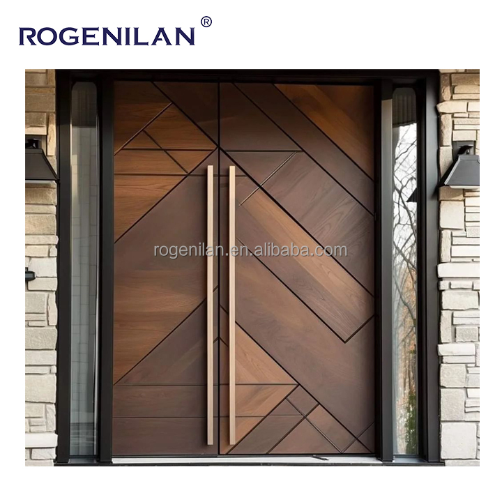 Rogenilan Nieuwe 3D Gesneden Op Maat Gemaakt Houtnerf Design Hoogwaardige Villa Hoofdingang Gepantserde Aluminium Voordeuren met Slim Slot