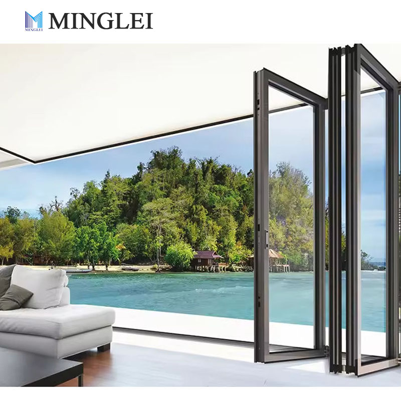 Moderne, nieuwe stijl aluminium dubbelwandige glazen vouwdeuren voor terras, geluidsisolerende harmonicadeuren van glas.