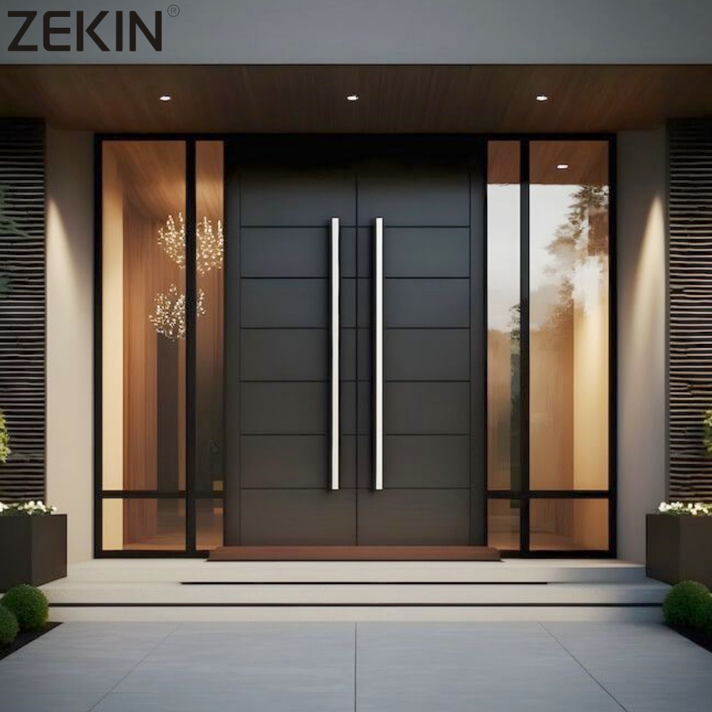 ZEKIN Aluminium Dubbele Huis Voordeur Luxe Glazen Deur Inbraakwerende Voordeur Dubbele Buitendeuren Dubbele Voordeur