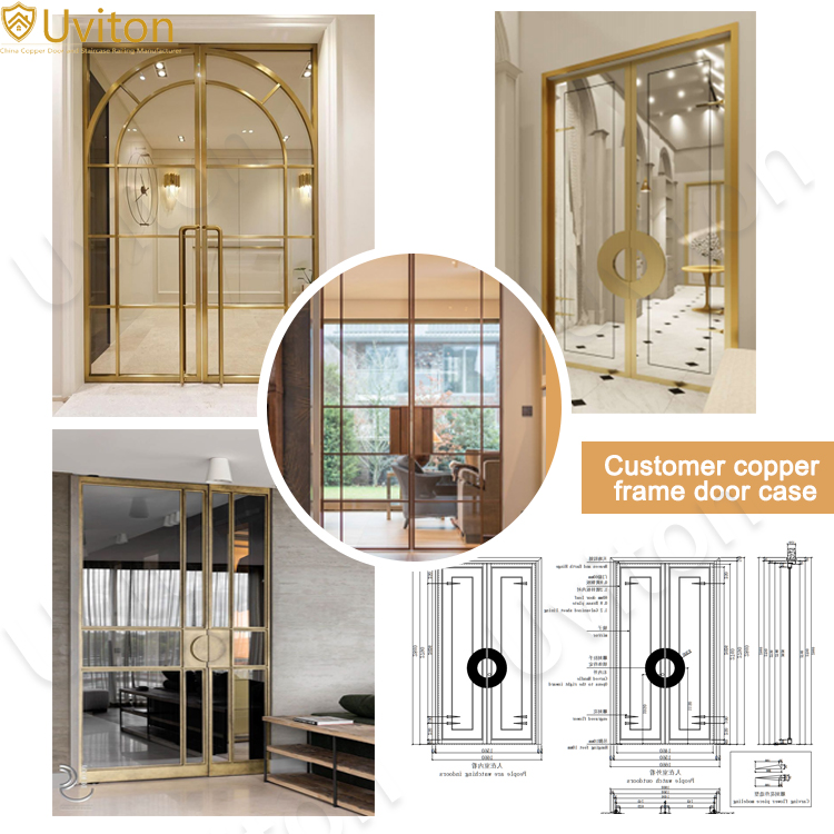 Luxe messing scharnierende voordeur voor hotel, villa of winkel. Dubbele glazen voordeur met veiligheidssleutel en slot. Ontwerp op maat.